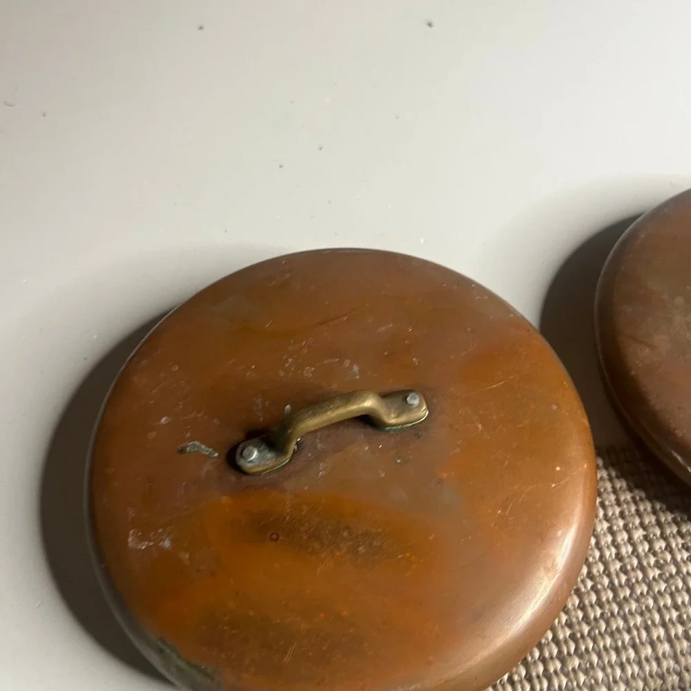 Vintage Copper Pot Lids Set of 4 Brass Handles Tin Lined French Kitchen Decor